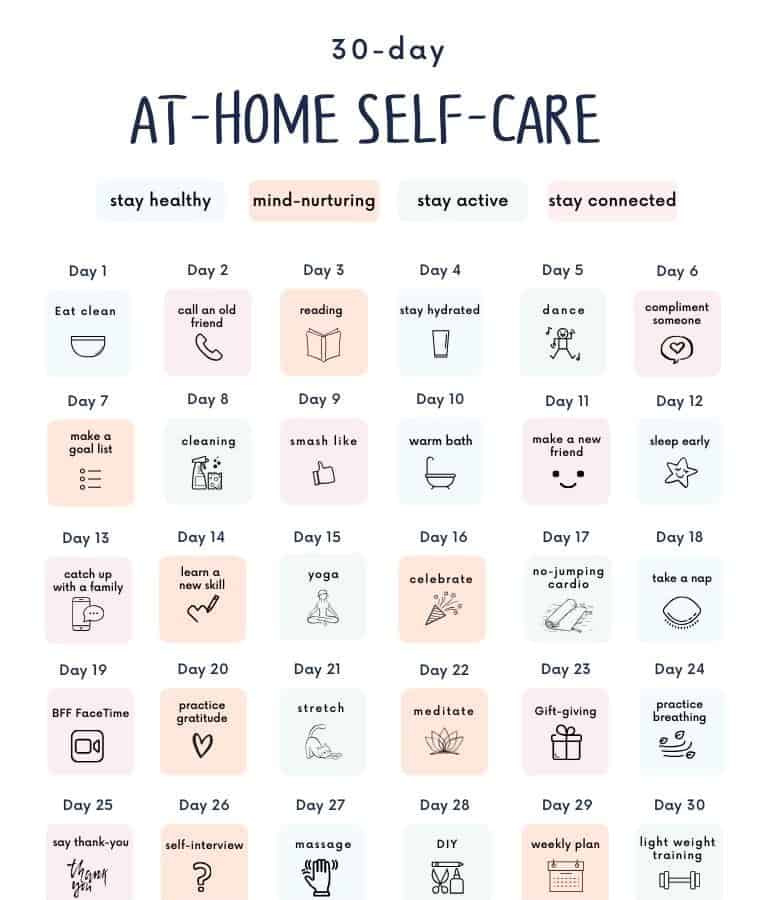 30-tägige Selbstpflege-Challenge zu Hause (+ kostenloser Kalender zum Ausdrucken)